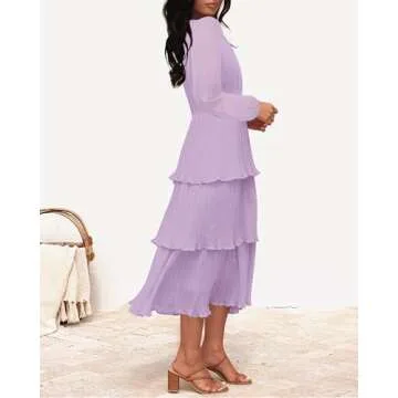 ZESICA Women's 2025 Long Sleeve Crew Neck Ruffle Tiered Layered Chiffon Flowy Swing 2025 Long Midi Dress,Purple,Medium