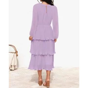 ZESICA Women's 2025 Long Sleeve Crew Neck Ruffle Tiered Layered Chiffon Flowy Swing 2025 Long Midi Dress,Purple,Medium