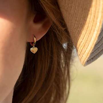 Gold Mini Dangle Huggie Earrings for Women, Dainty 14K Gold Plated Cubic Zirconia Small Hoop Earrings with Charm Drop, Jewelry Gift for Women Ladies (Mini Heart B)