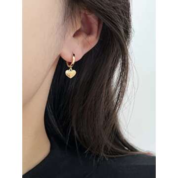 Gold Mini Dangle Huggie Earrings for Women, Dainty 14K Gold Plated Cubic Zirconia Small Hoop Earrings with Charm Drop, Jewelry Gift for Women Ladies (Mini Heart B)