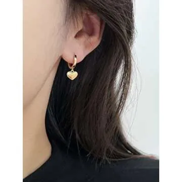 Gold Mini Dangle Huggie Earrings for Women, Dainty 14K Gold Plated Cubic Zirconia Small Hoop Earrings with Charm Drop, Jewelry Gift for Women Ladies (Mini Heart B)