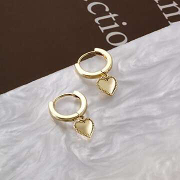 Gold Mini Dangle Huggie Earrings for Women, Dainty 14K Gold Plated Cubic Zirconia Small Hoop Earrings with Charm Drop, Jewelry Gift for Women Ladies (Mini Heart B)