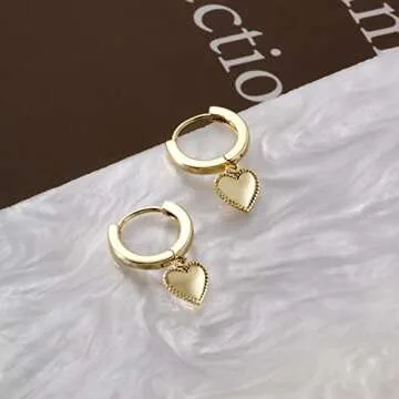 Gold Mini Dangle Huggie Earrings for Women, Dainty 14K Gold Plated Cubic Zirconia Small Hoop Earrings with Charm Drop, Jewelry Gift for Women Ladies (Mini Heart B)