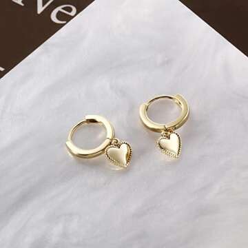 Gold Mini Dangle Huggie Earrings for Women, Dainty 14K Gold Plated Cubic Zirconia Small Hoop Earrings with Charm Drop, Jewelry Gift for Women Ladies (Mini Heart B)