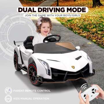 12V Ride on Car, GAOMON Licensed Lamborghini Veneno Electric Car for Kids w/Remote Control, 3 Speeds, Hydraulic Doors, Led Headlights, Rocking & Music, Battery Powered Sports Car for Boys Girls, White