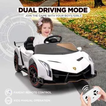 12V Ride on Car, GAOMON Licensed Lamborghini Veneno Electric Car for Kids w/Remote Control, 3 Speeds, Hydraulic Doors, Led Headlights, Rocking & Music, Battery Powered Sports Car for Boys Girls, White