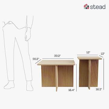 Stead Square Fluted Nesting Coffee Table - Low Profile 2 Piece Square Coffee Table Set - Living Room Furniture - Modern Home Decor - Fluted Coffee Table with Solid Oak Base (Natural Oak)