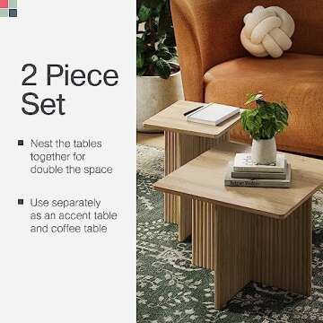 Stead Square Fluted Nesting Coffee Table - Low Profile 2 Piece Square Coffee Table Set - Living Room Furniture - Modern Home Decor - Fluted Coffee Table with Solid Oak Base (Natural Oak)