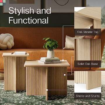Stead Square Fluted Nesting Coffee Table - Low Profile 2 Piece Square Coffee Table Set - Living Room Furniture - Modern Home Decor - Fluted Coffee Table with Solid Oak Base (Natural Oak)