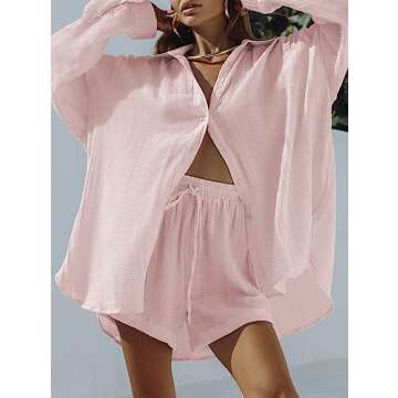 Fixmatti Women 2 Piece Linen Outfits Button up Blouse Long Sleeve Shirt High Waist Shorts Set y2k Streetwear Pink L