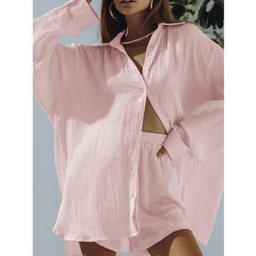 Fixmatti Women 2 Piece Linen Outfits Button up Blouse Long Sleeve Shirt High Waist Shorts Set y2k Streetwear Pink L