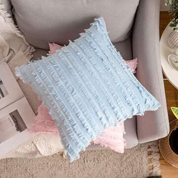 MIULEE Set of 2 Decorative Boho Throw Pillow Covers Linen Striped Jacquard Pattern Cushion Covers for Sofa Couch Living Room Bedroom 18x18 Inch Light Blue