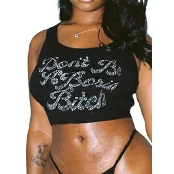 Avanova Women Graphic Sleeveless Crop Tops Ribbed Knit Top Scoop Neck Tank Casual T Shirts Letter Black Small