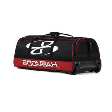 Boombah Brute Rolling Bat Bag - 35" x 15" x 12-1/2" - Black/Red - Holds 4 Bats and Room for Gear - Wheeled Bag