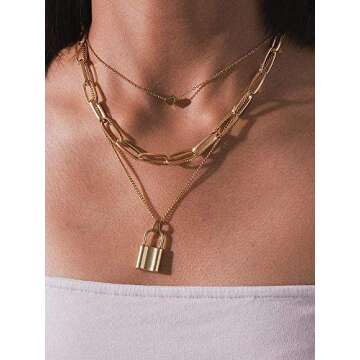 Salircon Silver Layered Necklace Aesthetic Punk Jewelry Lock and Key Thick Chain Necklaces for Women...