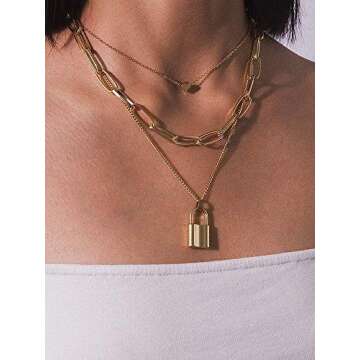 Salircon Silver Layered Necklace Aesthetic Punk Jewelry Lock and Key Thick Chain Necklaces for Women Men Edgy Jewelry (Gold Heart Lock Necklace)