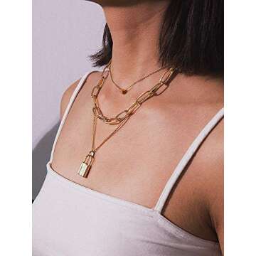 Salircon Silver Layered Necklace Aesthetic Punk Jewelry Lock and Key Thick Chain Necklaces for Women Men Edgy Jewelry (Gold Heart Lock Necklace)