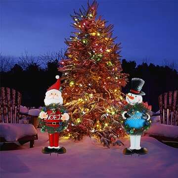 Juegoal 2 Pack Lighted Christmas Outdoor Decorations, 30" Solar Snowman & Santa Claus Xmas Yard Signs, Garden Metal Stakes with Colorful Lights, Holiday New Year Winter Walkway Patio Lawn DecorJuegoal