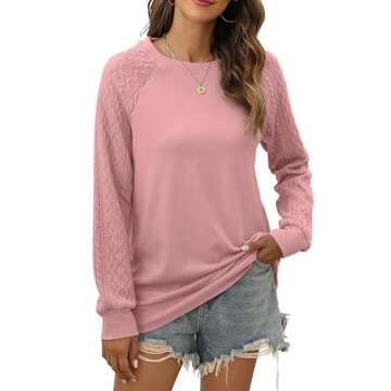 Bluetime Women's Long Sleeve Shirt Casual Lightweight Sweatshirt Loose Fit Crew Neck Cable Knit Swea...