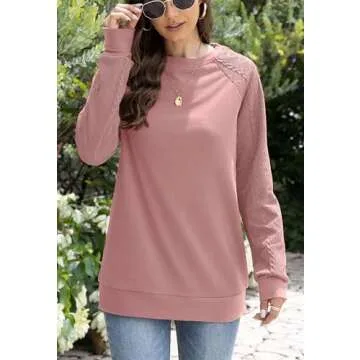 Bluetime Women's Long Sleeve Shirt Casual Lightweight Sweatshirt Loose Fit Crew Neck Cable Knit Sweater Fall Fashion Pink M