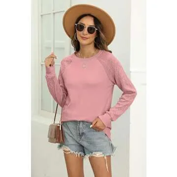 Bluetime Women's Long Sleeve Shirt Casual Lightweight Sweatshirt Loose Fit Crew Neck Cable Knit Sweater Fall Fashion Pink M