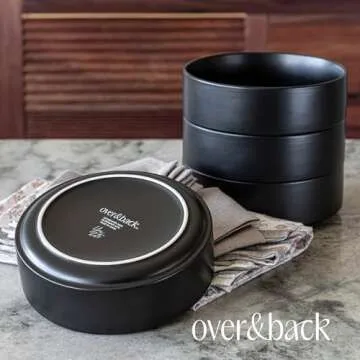 over&back Stackable Cereal Bowl Set - Stoneware Dishes - Comes with 4 Cereal Bowls - Easy-to-Stack Breakfast Place Settings - 6.2" x 6.2" x 2.2" - 25oz - Semi-Matte Black