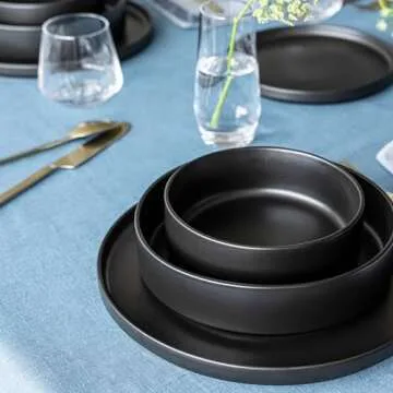 over&back Stackable Cereal Bowl Set - Stoneware Dishes - Comes with 4 Cereal Bowls - Easy-to-Stack Breakfast Place Settings - 6.2" x 6.2" x 2.2" - 25oz - Semi-Matte Black