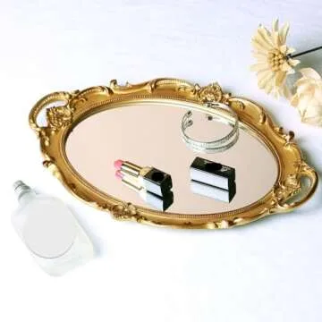 XPXKJ Vintage Mirror Tray Gold Framed Wall Mirror- Antique Decor for Home & Baroque Rooms - Cute Jewelry Plate Tray Combo -Gold