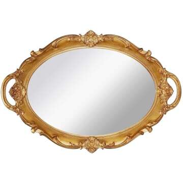 XPXKJ Vintage Mirror Tray Gold Framed Wall Mirror- Antique Decor for Home & Baroque Rooms - Cute Jewelry Plate Tray Combo -Gold