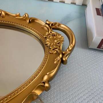 XPXKJ Vintage Mirror Tray Gold Framed Wall Mirror- Antique Decor for Home & Baroque Rooms - Cute Jewelry Plate Tray Combo -Gold