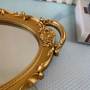 XPXKJ Vintage Mirror Tray Gold Framed Wall Mirror- Antique Decor for Home & Baroque Rooms - Cute Jewelry Plate Tray Combo -Gold