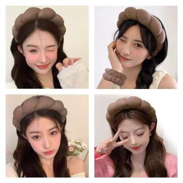 Spa Headbands for Washing Face Wristband Set Sponge Makeup Skincare Headband Wrist Towels Bubble Soft Terry Towel Cloth Hairband for Women Puffy Headwear Non Slip Thick Thin Hair Headwear (Brown)