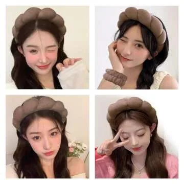 Spa Headbands for Washing Face Wristband Set Sponge Makeup Skincare Headband Wrist Towels Bubble Soft Terry Towel Cloth Hairband for Women Puffy Headwear Non Slip Thick Thin Hair Headwear (Brown)
