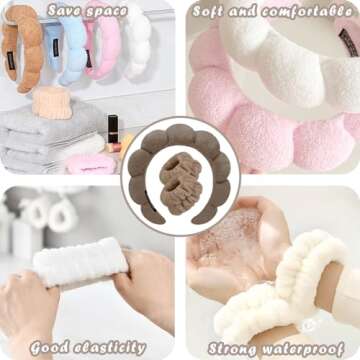 Spa Headbands for Washing Face Wristband Set Sponge Makeup Skincare Headband Wrist Towels Bubble Soft Terry Towel Cloth Hairband for Women Puffy Headwear Non Slip Thick Thin Hair Headwear (Brown)