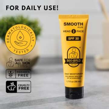 Bee Bald SMOOTH PLUS Head & Face Moisturizer with SPF 30 Sunscreen Lotion Protecting Skin From Harmful UVA/UVB Rays While Hydrating, Moisturizing and Toning, 1.7 Fl Oz