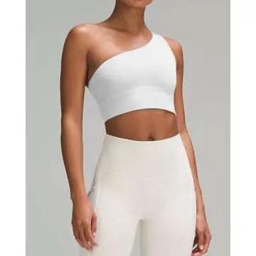 QUEENIEKE Womens One Shoulder Sports Bra Workout Strap Yoga Bras Cute Medium Support Tops Tank Gym Sexy Athletic Top White Large