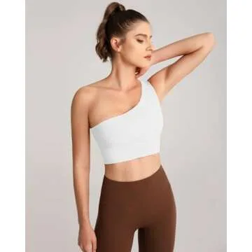 QUEENIEKE Womens One Shoulder Sports Bra Workout Strap Yoga Bras Cute Medium Support Tops Tank Gym Sexy Athletic Top White Large