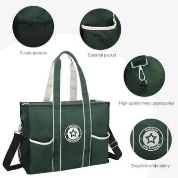ABAMERICA The Tote Bag for Women Large Work Tote Bags Embroidery With 8/13 Pockets Zipper for Travel School Design from USA (B05- Embroidery Star Green)