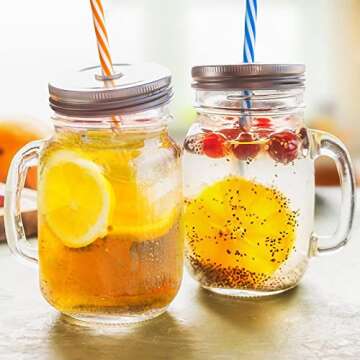 Tosnail 6 Pack 16 Oz. Mason Jar Mugs with Handle, Tin Lid and Plastic Straws - Old Fashion Drinking Glasses for Party or Daily Use