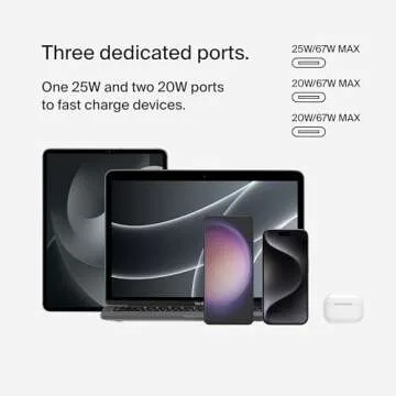 Belkin BoostCharge 3-Port USB-C Wall Charger with PPS 67W, USB-C PD 3.1 Enabled Fast Charging iPhone Charger for iPhone 16 Series, MacBook Pro, AirPods, Galaxy, and Other PD Enabled Devices - White