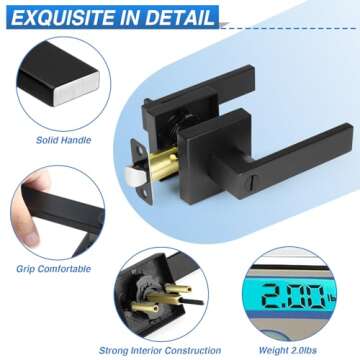 Plustool 6 Pack Matte Black Door Handles, Keyless Interior Door Knobs, Privacy Door Lever Locksets f...