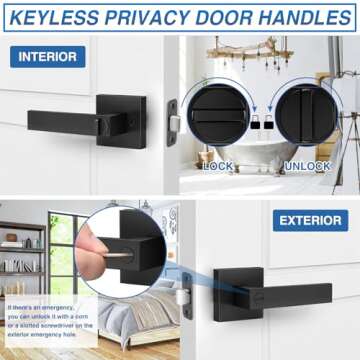 Plustool 6 Pack Matte Black Door Handles, Keyless Interior Door Knobs, Privacy Door Lever Locksets for Bedroom Bathroom, Heavy Duty Square Door Lock (2.0lb), Reversible for Left&Right Handled Doors