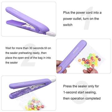 Food Bag Heat Sealer Handheld, Portable Mini Sealing Machine for Bag Food Storage, Double Smart Switches on the Side with 47 inch Separate Type Power Cable (Purple)