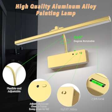 Picture Light with Remote, 15.35inch Wireless Rechargeable Battery Wall Light for Paintings, 3 Colors Paintings Light Dimmable and Timer Metal Art Light for Display, Wall, Artwork, Gallery (Gold)