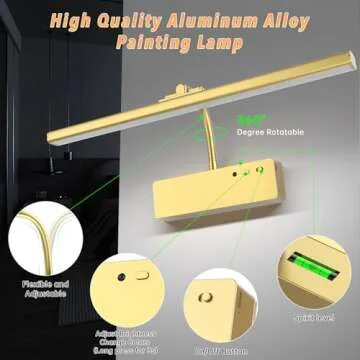 Picture Light with Remote, 15.35inch Wireless Rechargeable Battery Wall Light for Paintings, 3 Colors Paintings Light Dimmable and Timer Metal Art Light for Display, Wall, Artwork, Gallery (Gold)