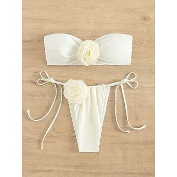 GORGLITTER Women's Strapless Floral Bikini Flower Bow Tie Side Bandeau Swimsuits High Cut Coquette Bathing Suit Beige Small
