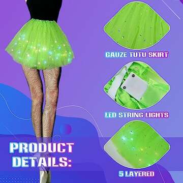 2 Pack LED Tutu Skirt Layered Tutus for Women Light up 80's Tulle Tutu Skirt Party Carnival Costume(Fluorescent Green)