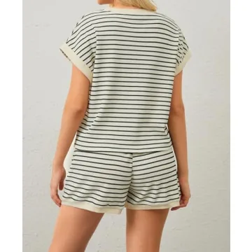 Burtell Women Summer 2 Piece Lounge Sets Striped Short Sleeve Tee Shirts Mini Shorts Loungewear Shorts Set Ribbed Pajama Set