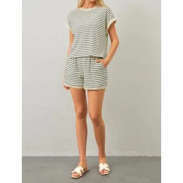 Burtell Women Summer 2 Piece Lounge Sets Striped Short Sleeve Tee Shirts Mini Shorts Loungewear Shorts Set Ribbed Pajama Set