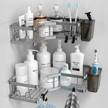 Corner Shower Caddy: 2 Pack Adhesive Shelf Decor - No Drilling Stainless Steel Storage Rack with Hoo...